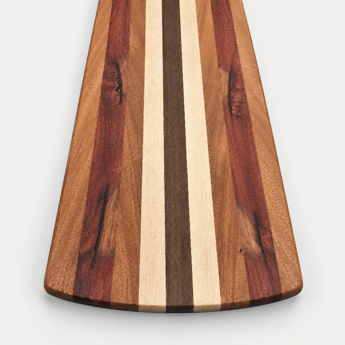 Handcrafted Charcuterie Board – Walnut, Maple, Sapele, and Padauk, detail view on a light gray background