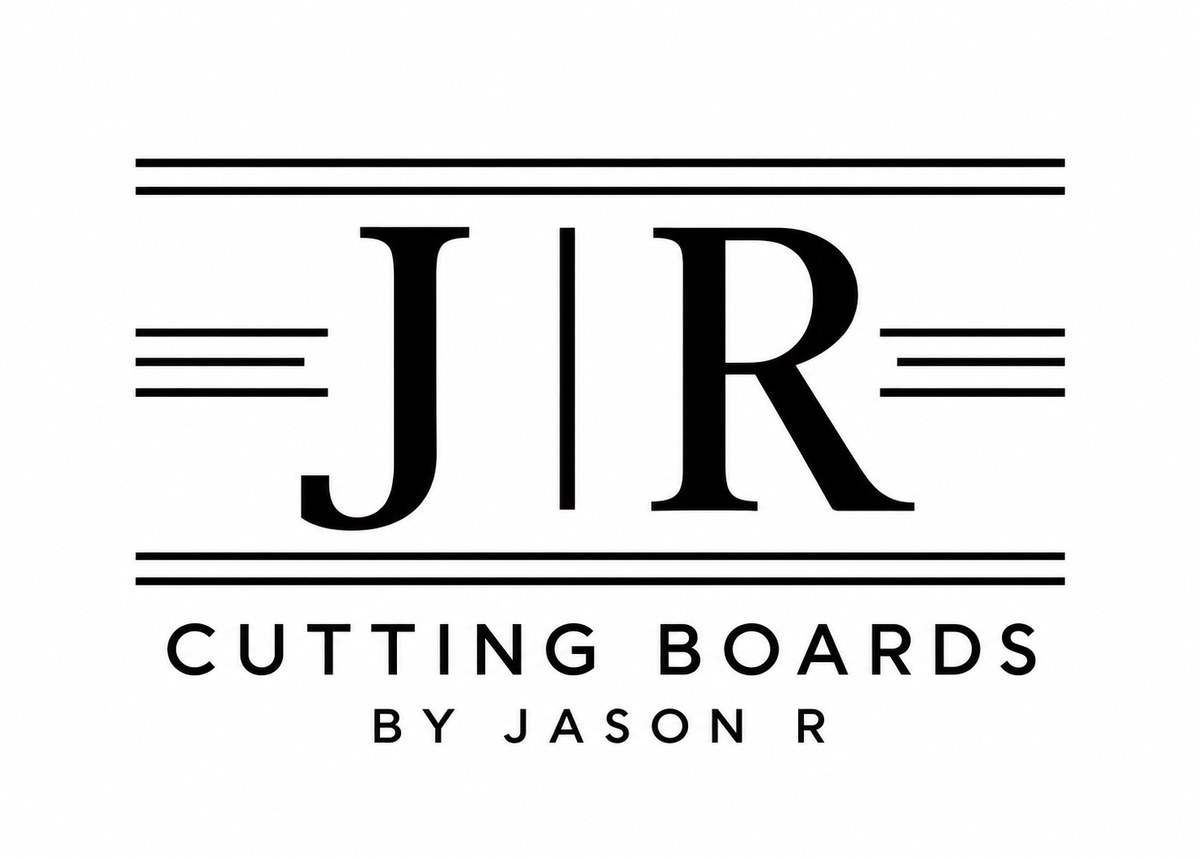 Cutting Boards By Jason R logo with J and R initials and cutting board lines