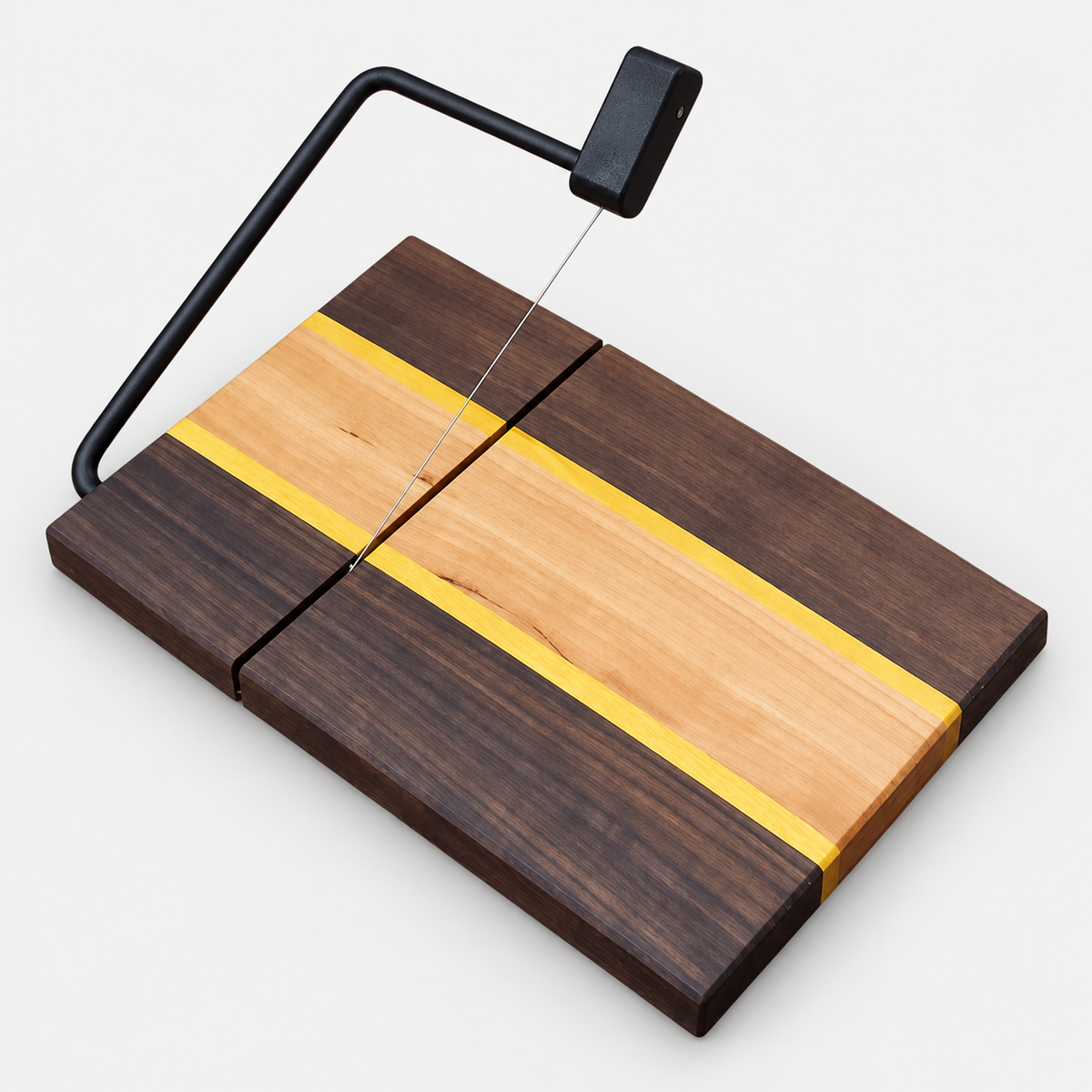 Cheese Slicer With Maple, Walnut and Yellowheart Wood on a light gray background