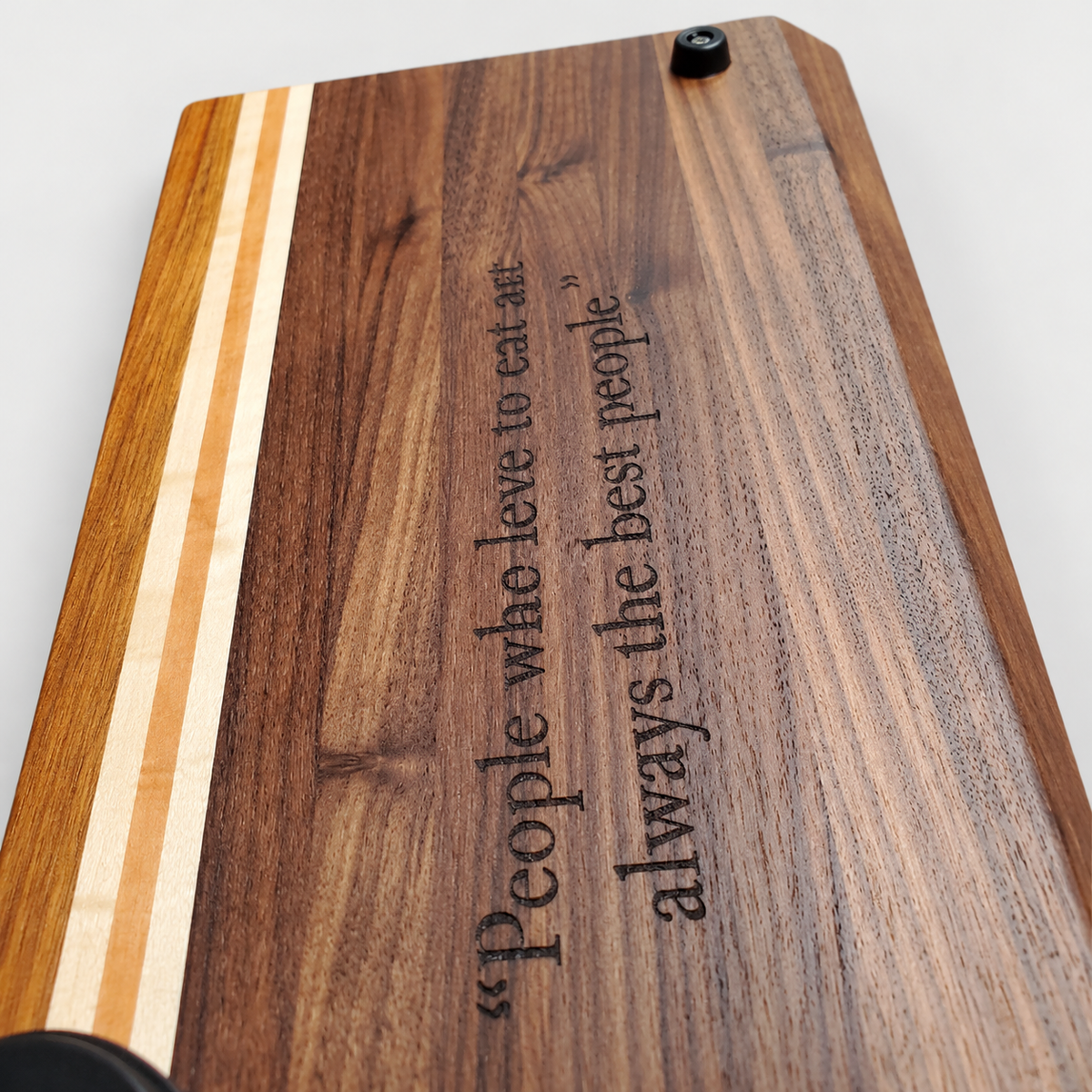 Handcrafted Walnut & Canary Wood Cutting Board – 19 x 12, detail view on a light gray background