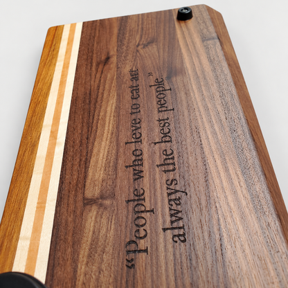 Handcrafted Walnut & Canary Wood Cutting Board – 19 x 12, detail view on a light gray background