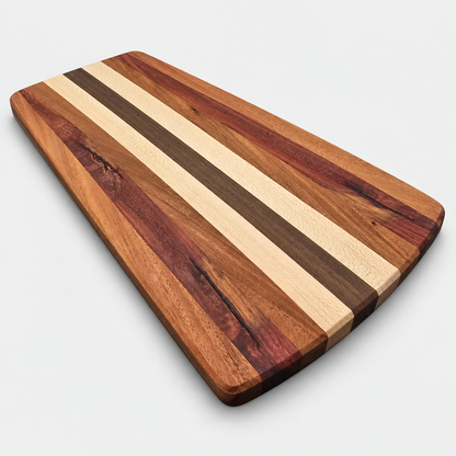 Handcrafted Charcuterie Board – Walnut, Maple, Sapele, and Padauk, detail view on a light gray background