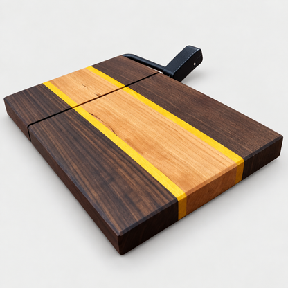 Cheese Slicer With Maple, Walnut and Yellowheart Wood, detail view on a light gray background