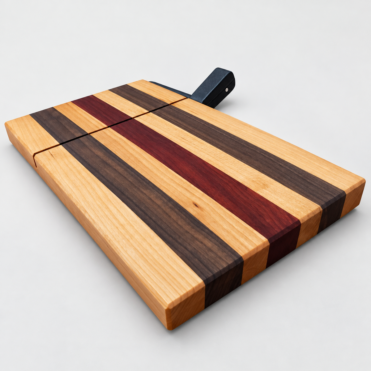 Maple, Walnut & Purpleheart Cheese Slicer, detail view on a light gray background