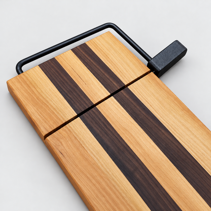 Walnut and Maple cheese slicer, detail view on a light gray background