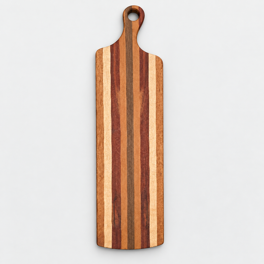 Handcrafted Walnut, Cherry, Maple, and Sapele Charcuterie Board on a light gray background