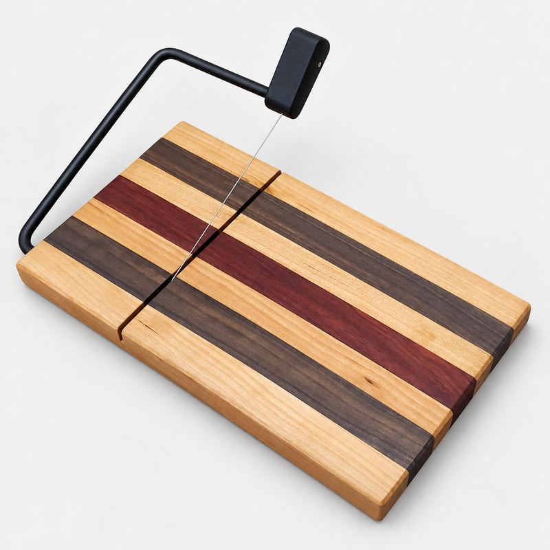 Maple, Walnut & Purpleheart Cheese Slicer on a light gray background