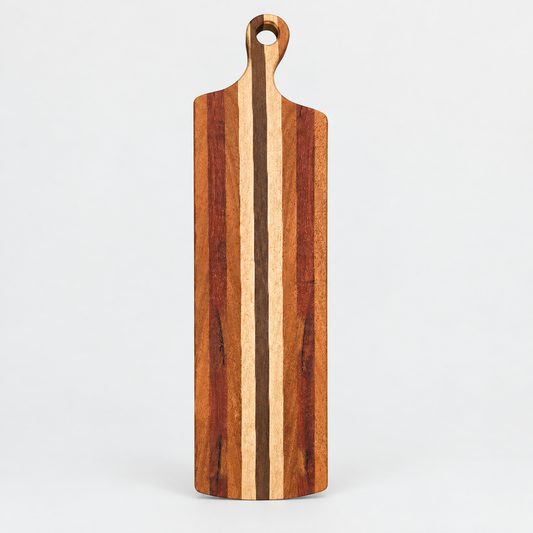 Handcrafted Charcuterie Board – Walnut, Maple, Sapele, and Padauk on a light gray background
